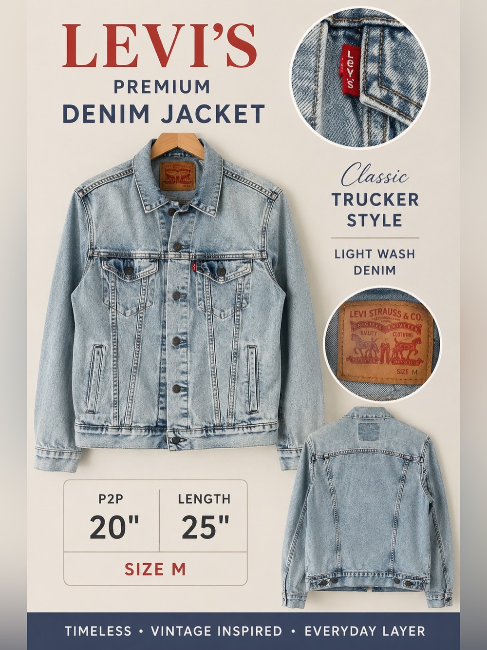 Levi's Premium Men's Original Trucker Denim Jacket Size M Light Wash
